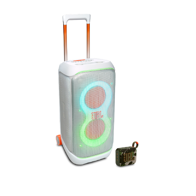 Combo JBL PartyBox Stage 320 Blanco + Go 4 Squad